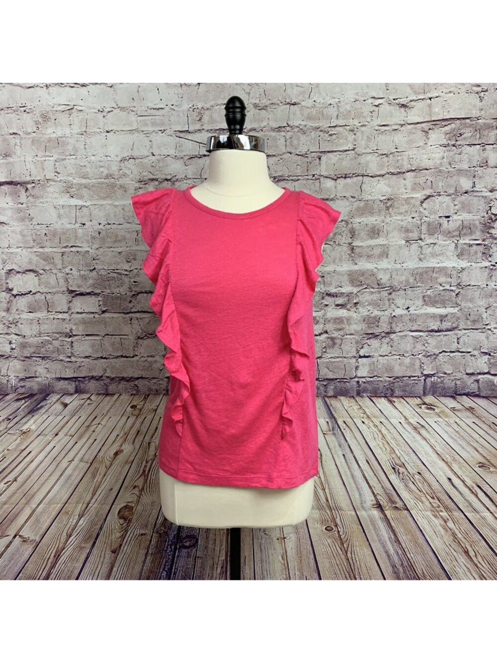 J. Crew Pink Linen Ruffle Front Cap Sleeve Top
